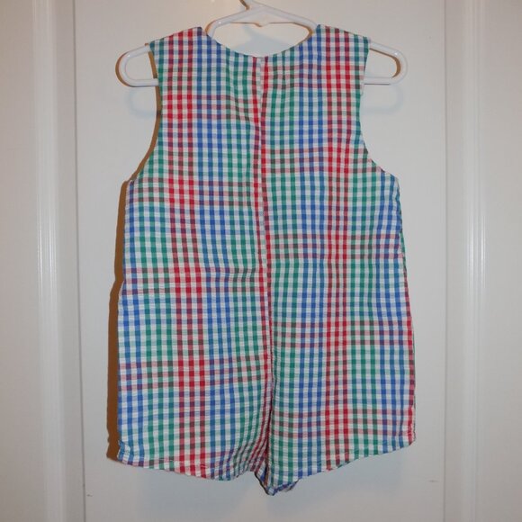 SAMARA Vintage 24M Boys Red Green Blue Check Seersucker Romper Anchors Sailor - Picture 2 of 5